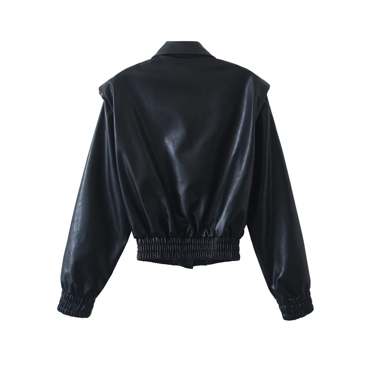 PU Leather Jacket for Women Loose Fit Cropped Boxy Design Turn-Down Collar Short Outerwear