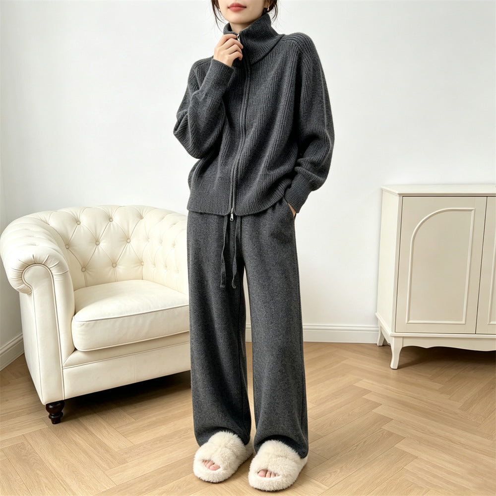 Solid color stand up collar sweater wide leg pants two-piece set for women