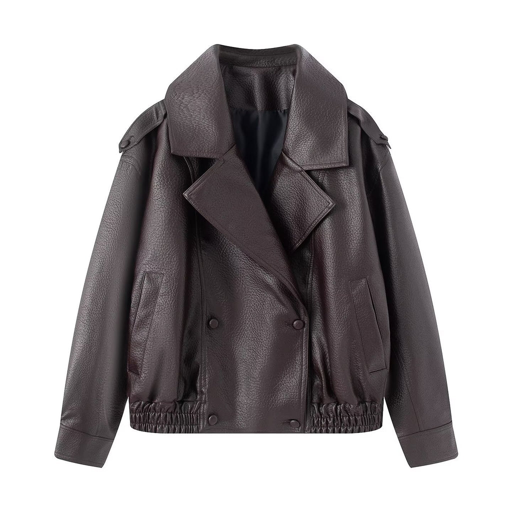 Lychee patterned imitation leather jacket for women