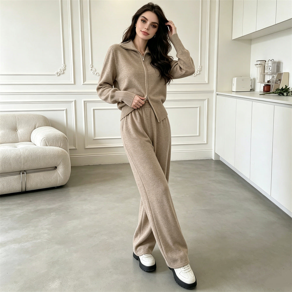 Double zipper knitted sweater cardigan wide leg pants two-piece set for women