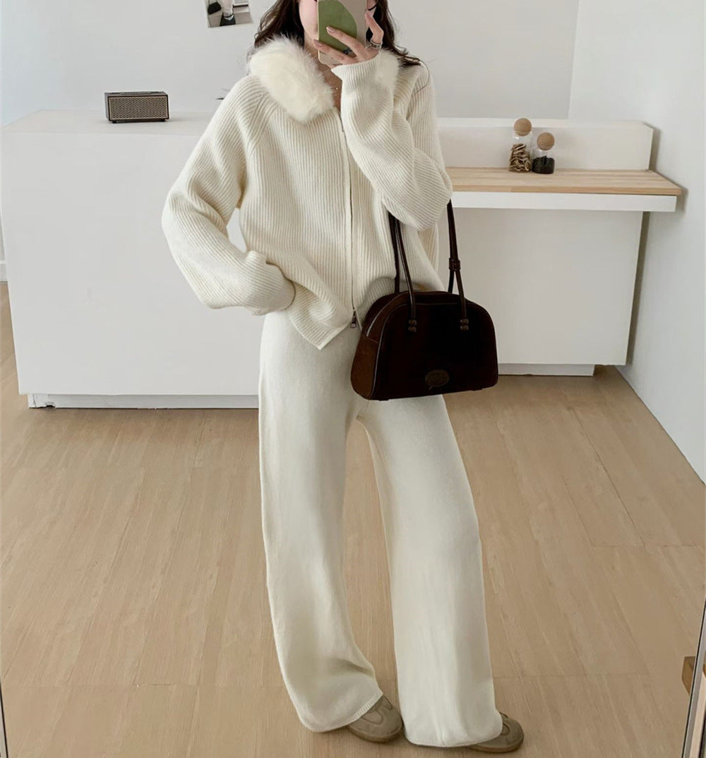 Hooded jacket solid color straight leg pants set for women