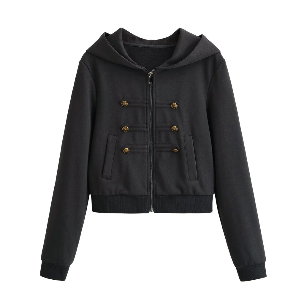 Women's Double-Breasted Zippered Hooded Sweatshirt Jacket