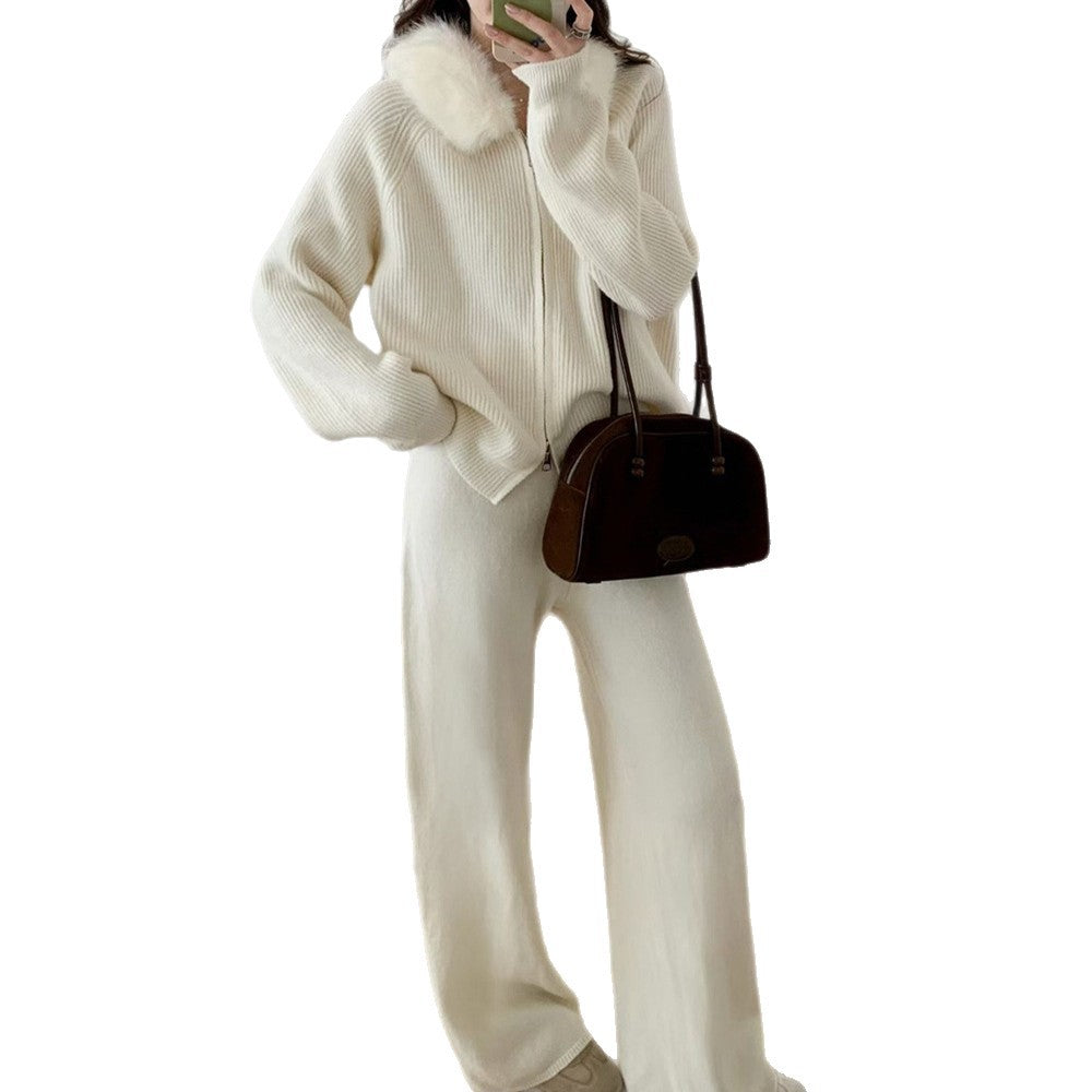 Hooded jacket solid color straight leg pants set for women