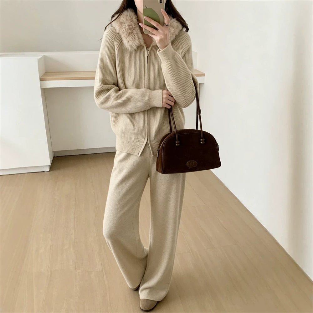 Hooded jacket solid color straight leg pants set for women