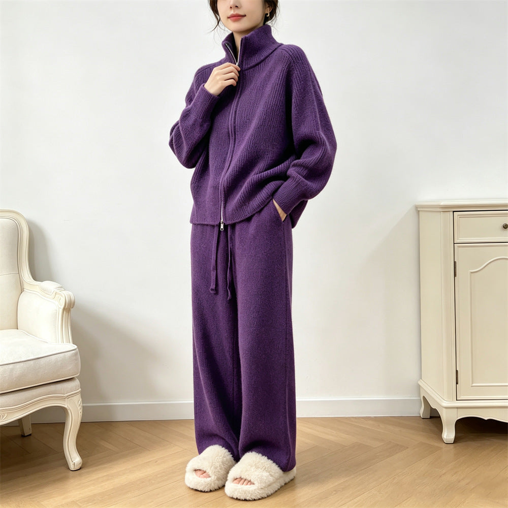 Solid color stand up collar sweater wide leg pants two-piece set for women