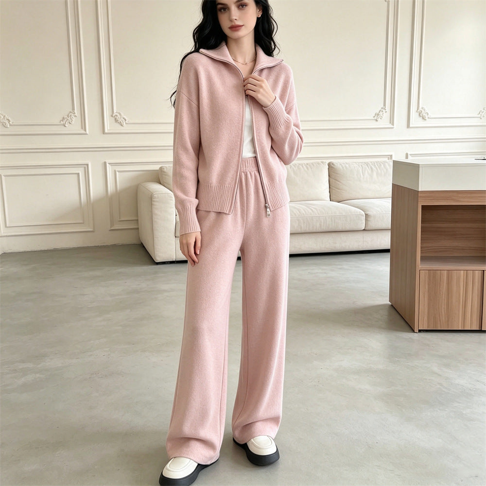 Double zipper knitted sweater cardigan wide leg pants two-piece set for women