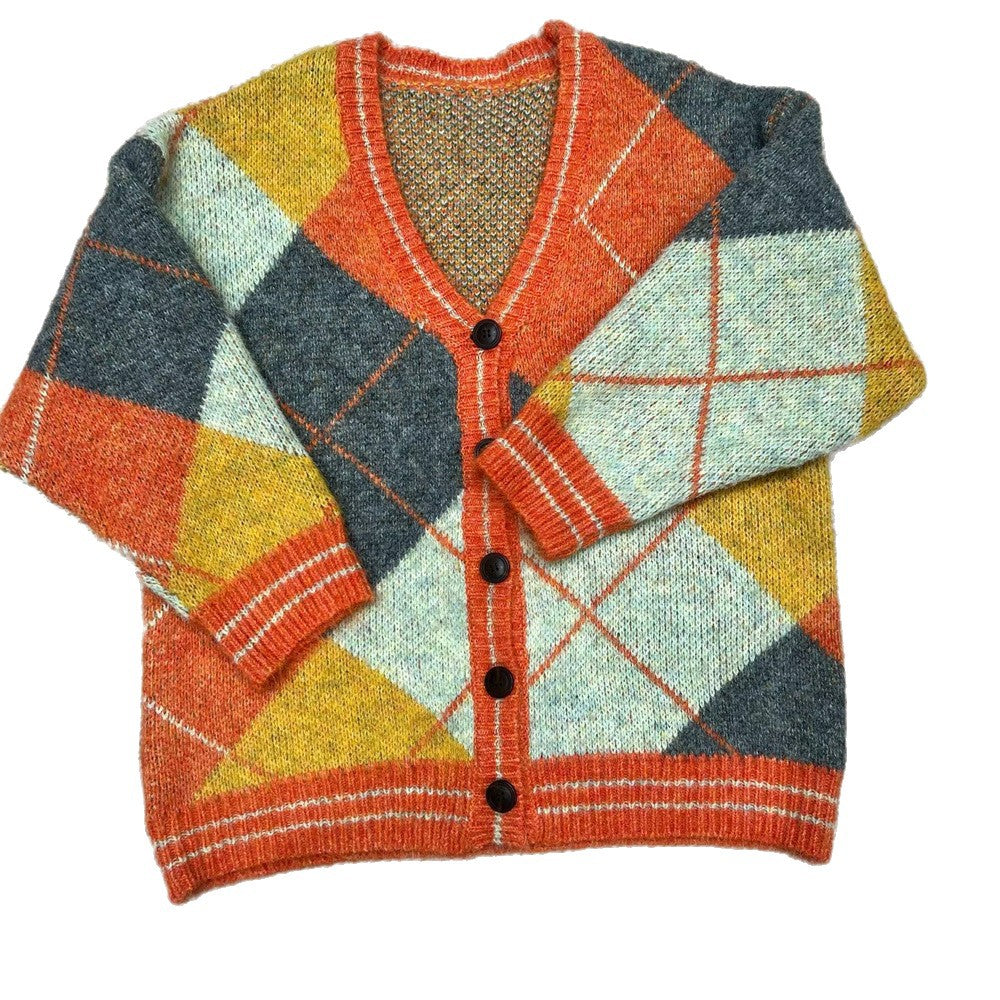 Color blocking diamond grid V-neck cardigan sweater
