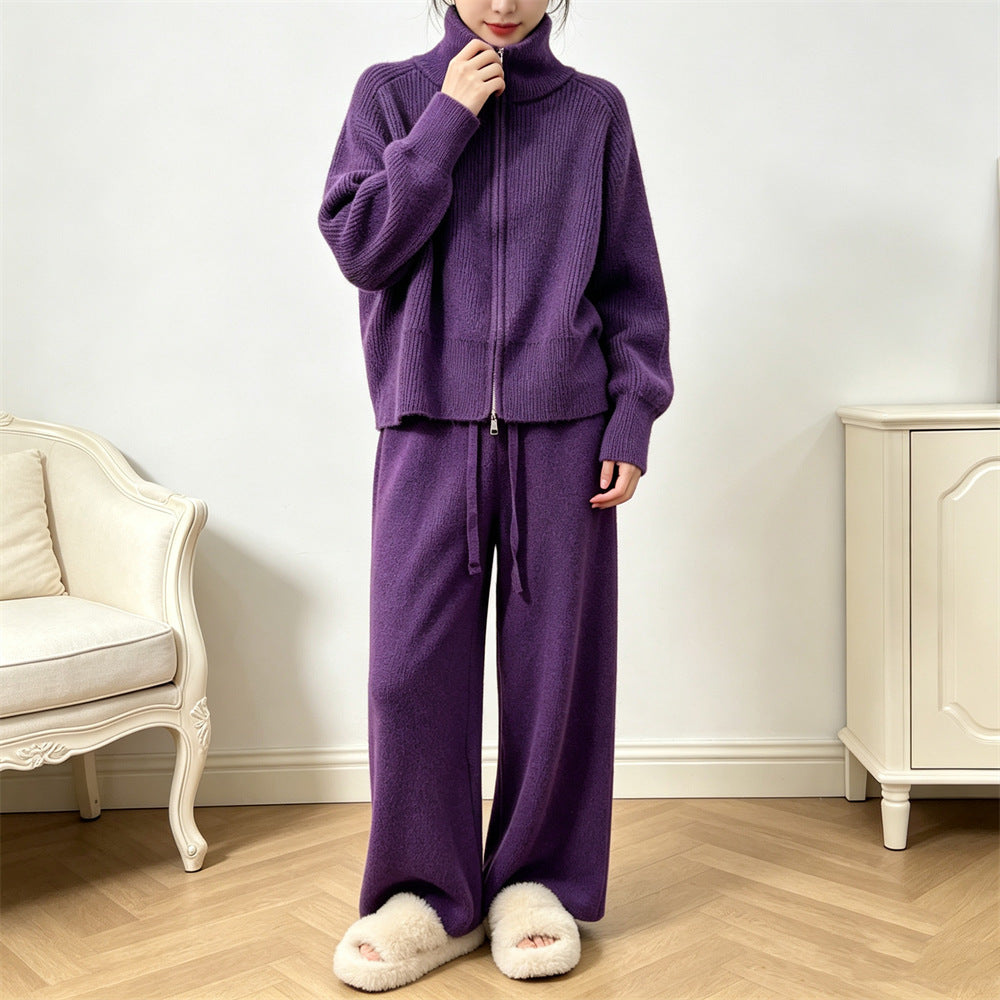 Solid color stand up collar sweater wide leg pants two-piece set for women