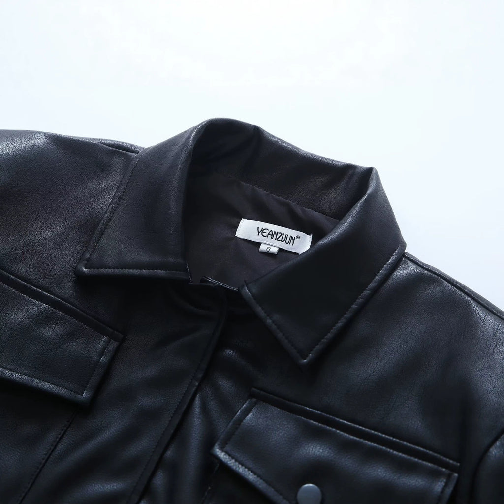 PU Leather Jacket for Women Loose Fit Cropped Boxy Design Turn-Down Collar Short Outerwear