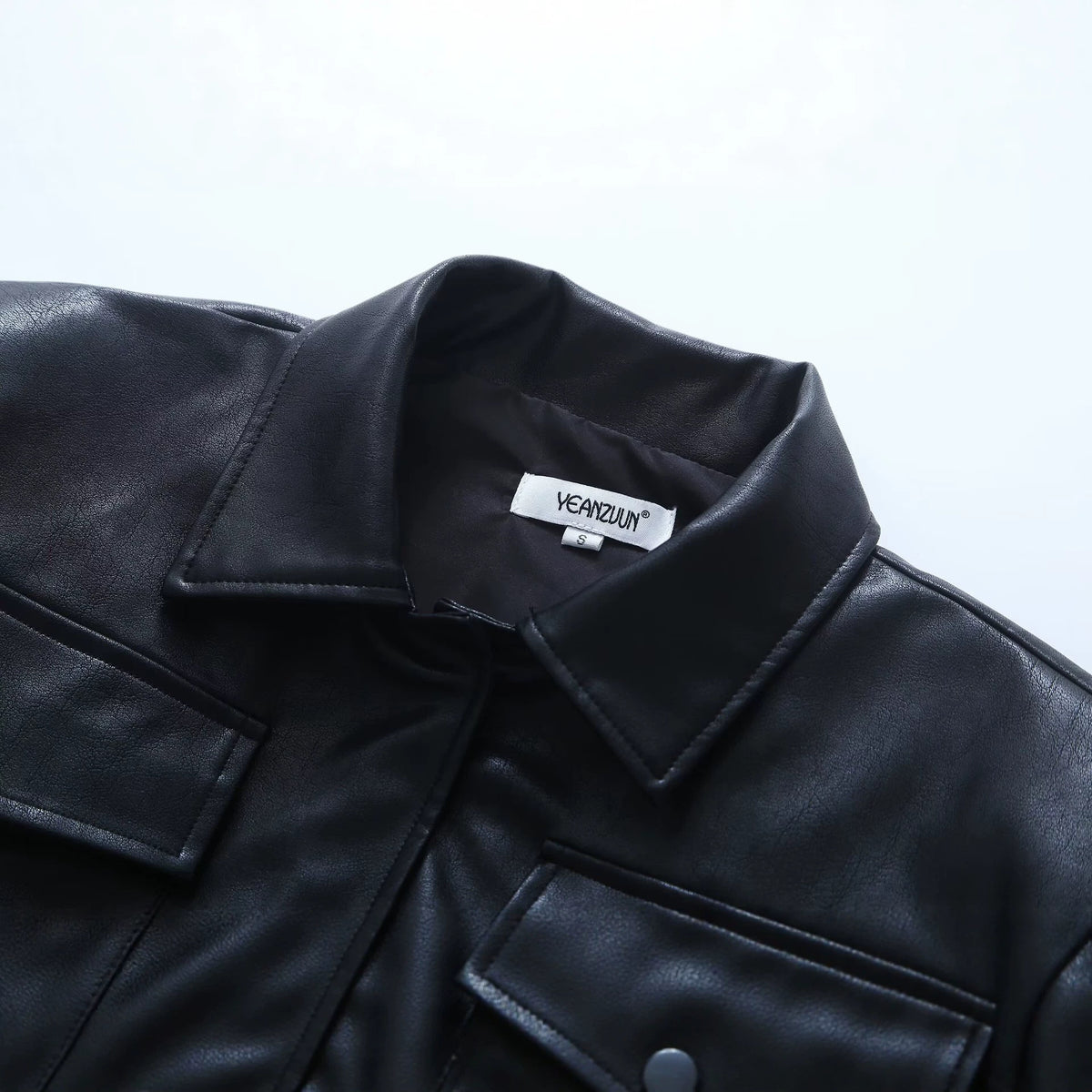PU Leather Jacket for Women Loose Fit Cropped Boxy Design Turn-Down Collar Short Outerwear