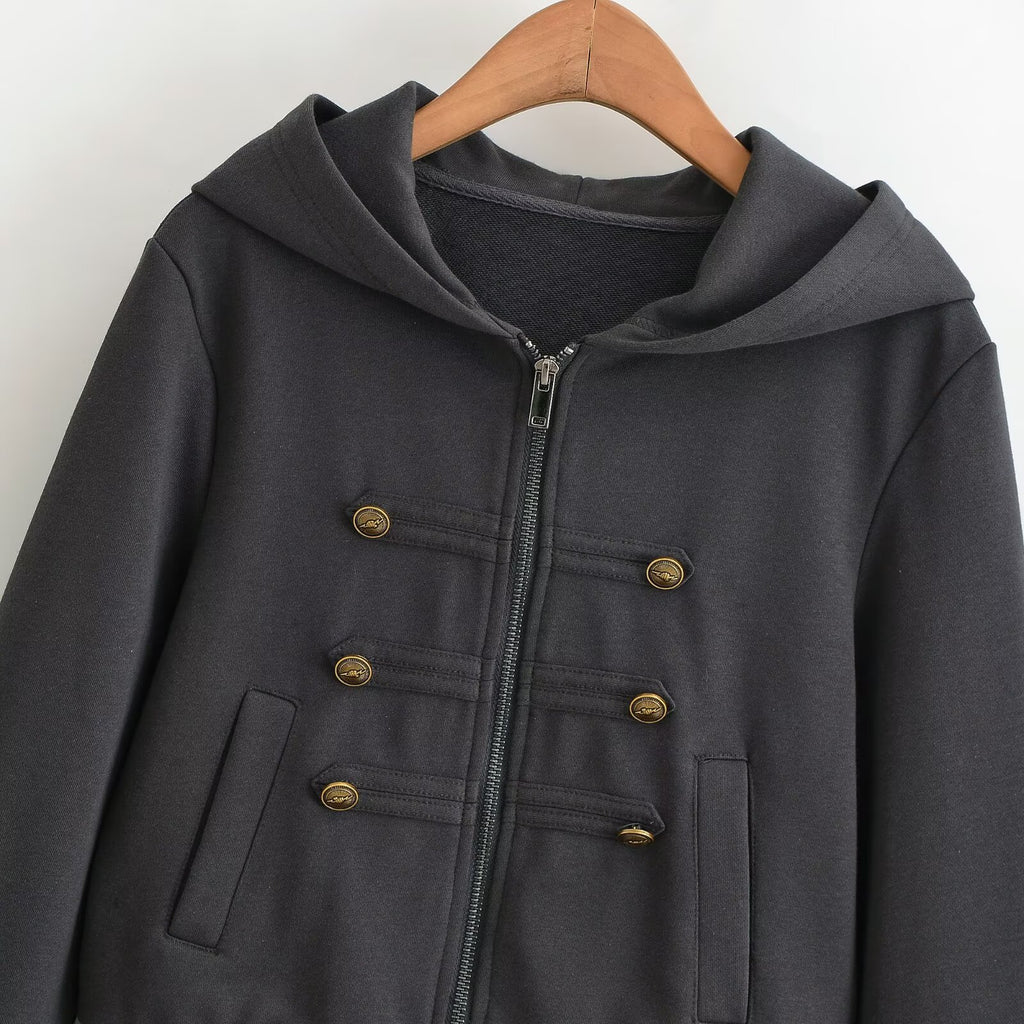 Women's Double-Breasted Zippered Hooded Sweatshirt Jacket