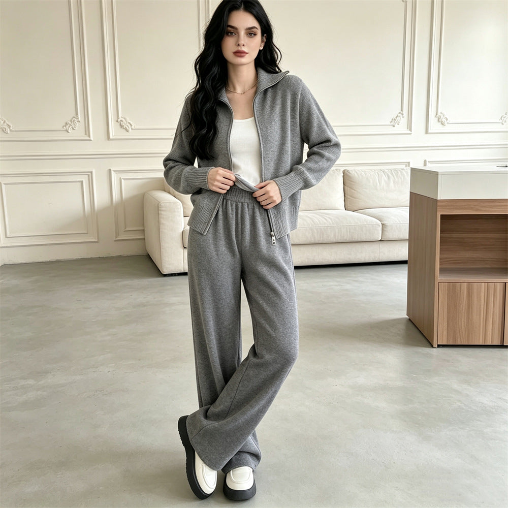 Double zipper knitted sweater cardigan wide leg pants two-piece set for women