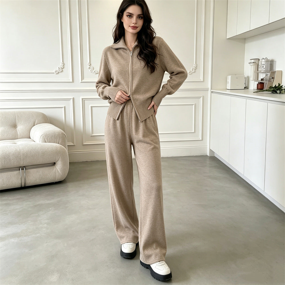 Double zipper knitted sweater cardigan wide leg pants two-piece set for women