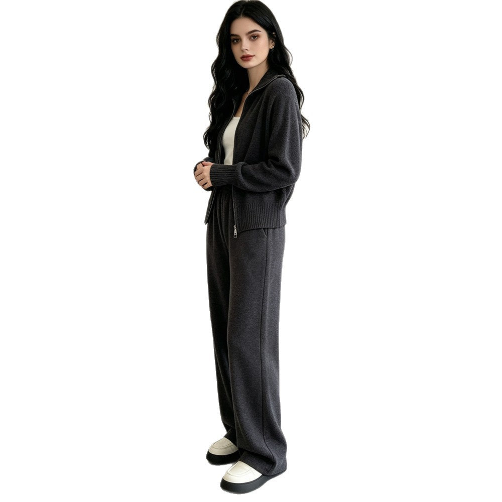 Double zipper knitted sweater cardigan wide leg pants two-piece set for women