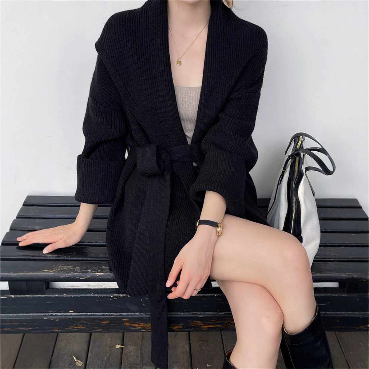 Loose lace up big collar cardigan sweater