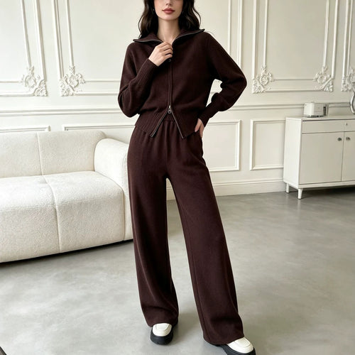 Double zipper knitted sweater cardigan wide leg pants two-piece set for women