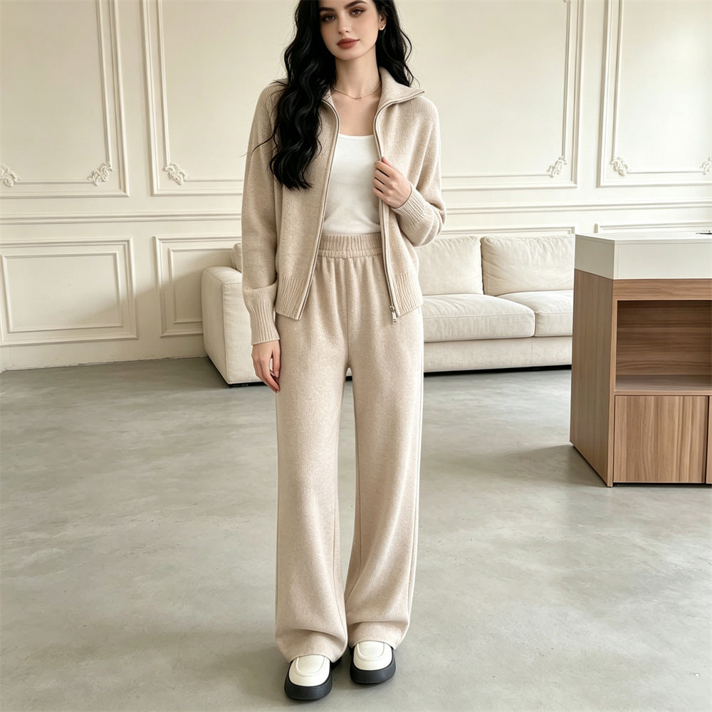 Double zipper knitted sweater cardigan wide leg pants two-piece set for women
