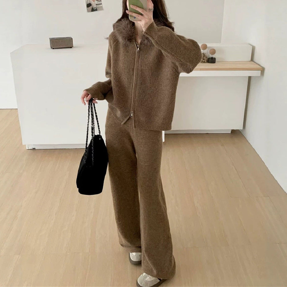 Hooded jacket solid color straight leg pants set for women