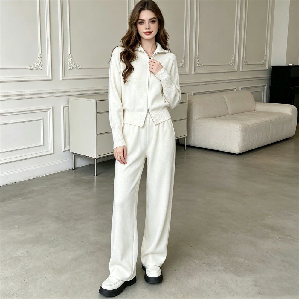 Double zipper knitted sweater cardigan wide leg pants two-piece set for women