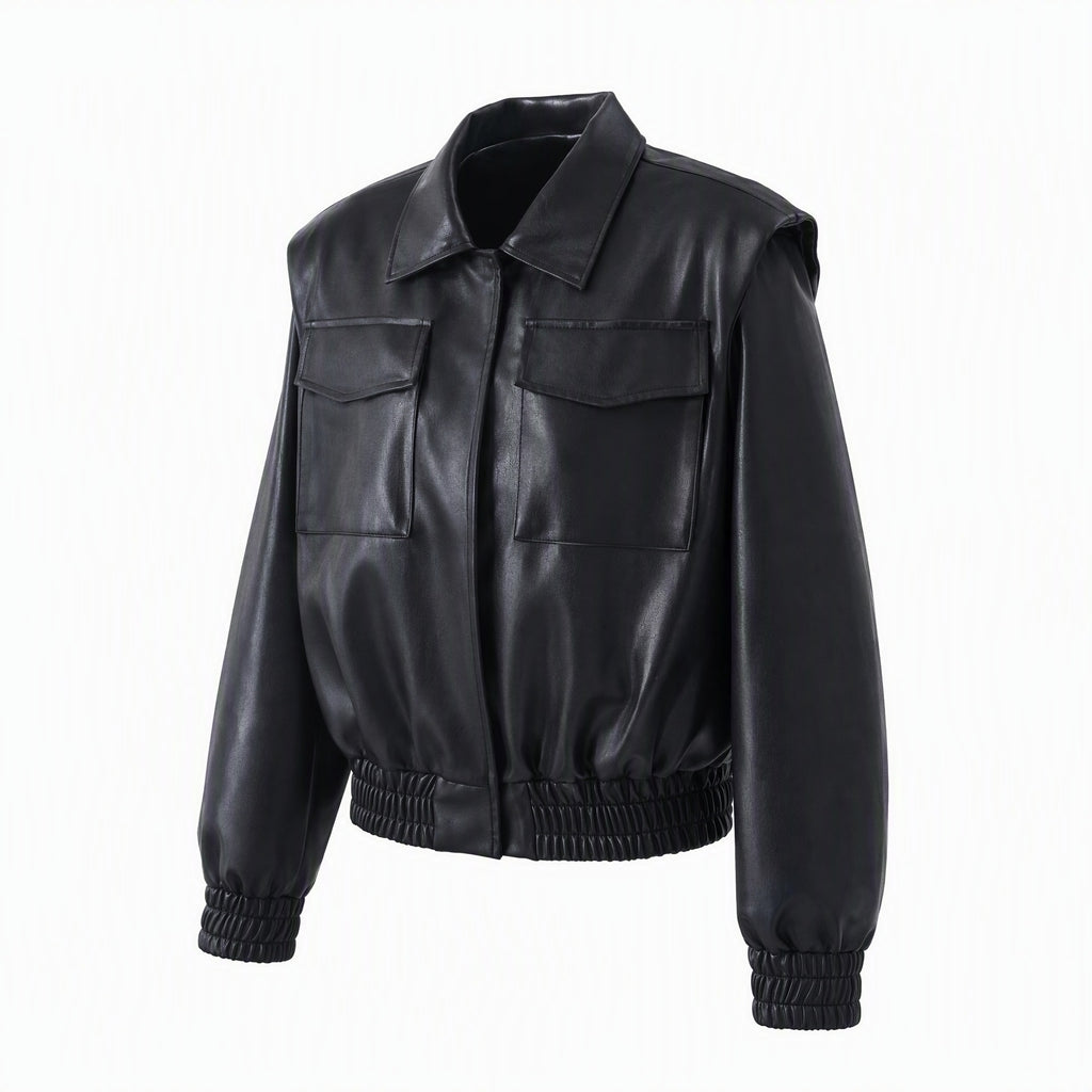 PU Leather Jacket for Women Loose Fit Cropped Boxy Design Turn-Down Collar Short Outerwear