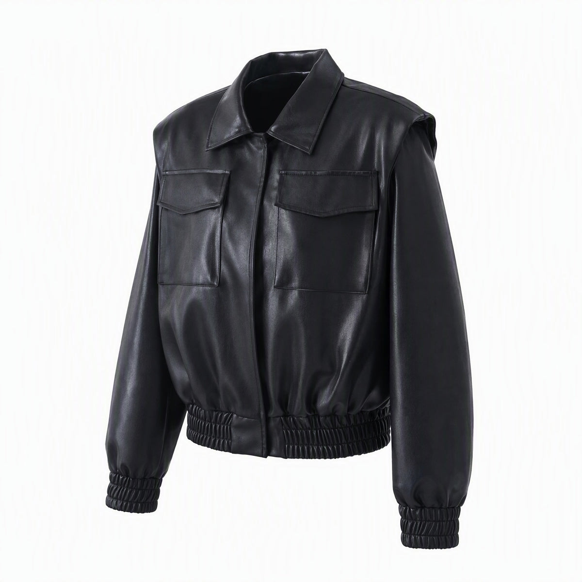 PU Leather Jacket for Women Loose Fit Cropped Boxy Design Turn-Down Collar Short Outerwear