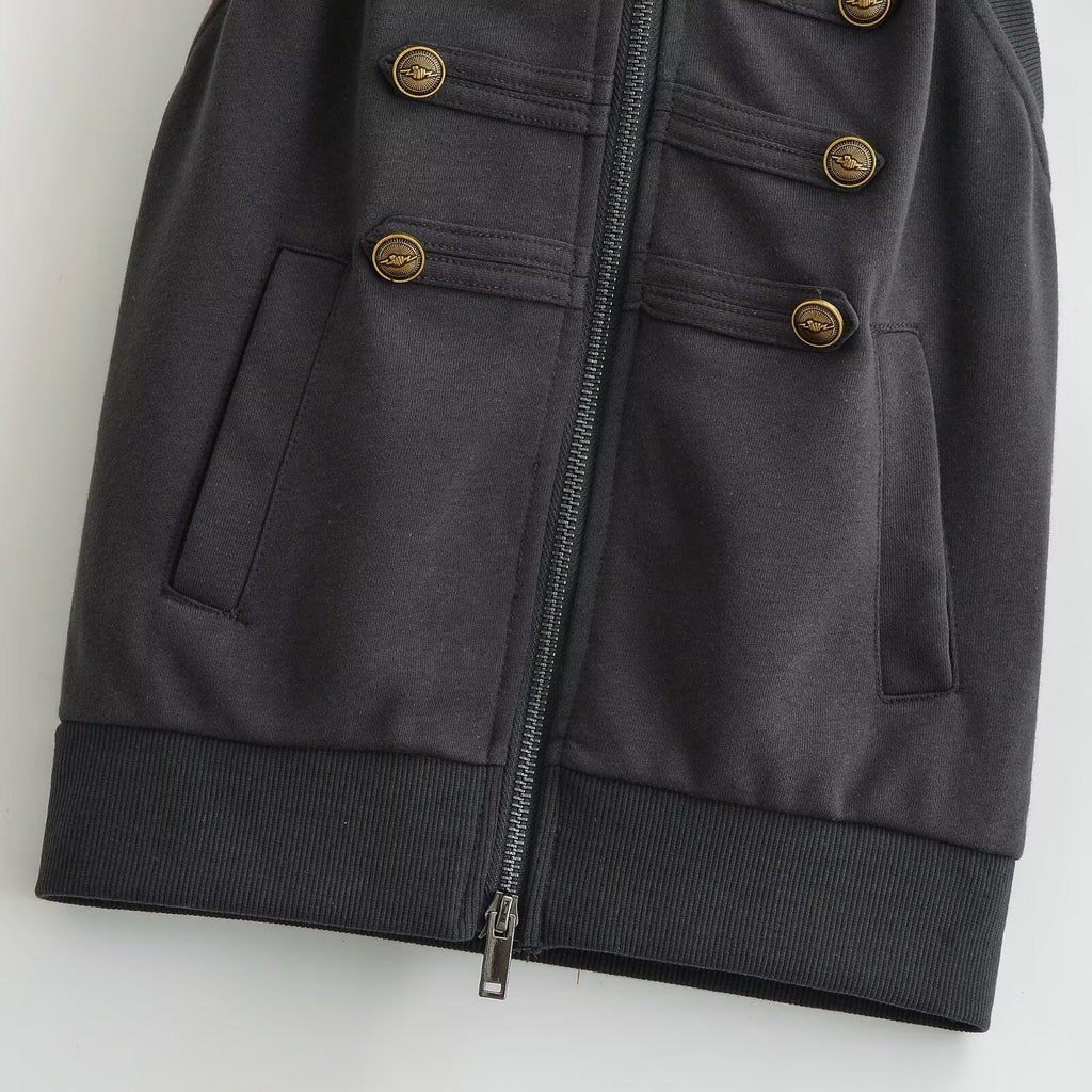 Women's Zippered Hooded Vest with Gold Buckle Decor