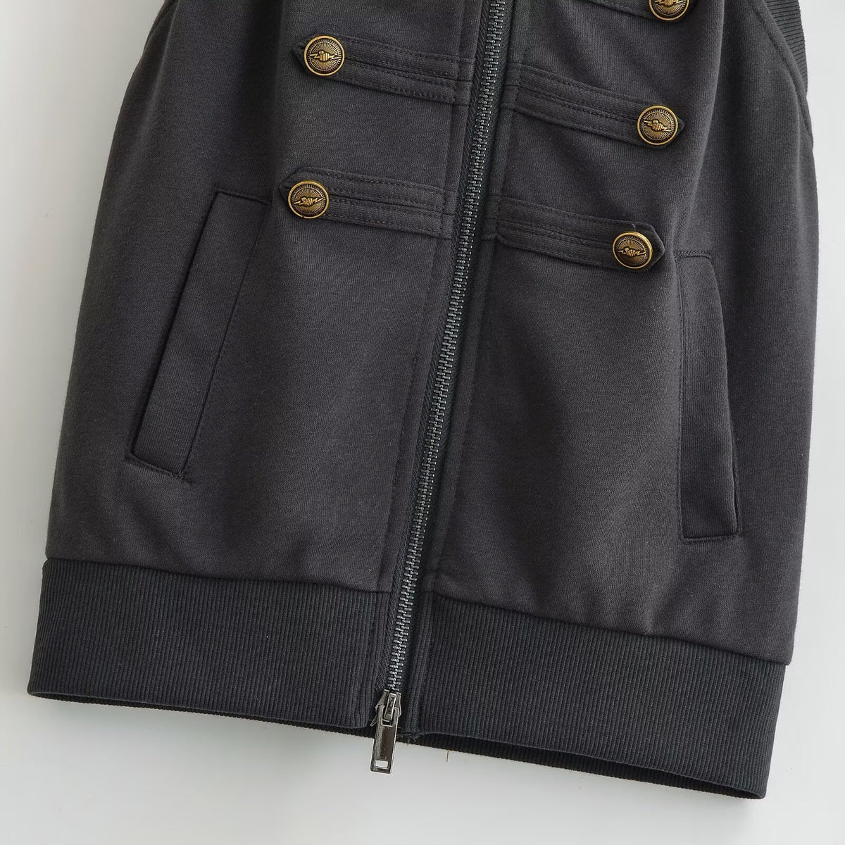 Women's Zippered Hooded Vest with Gold Buckle Decor