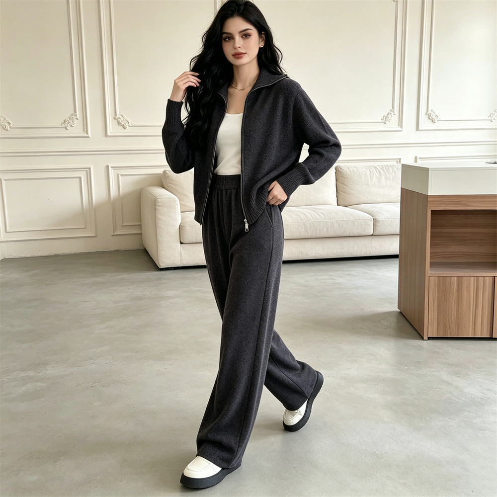 Double zipper knitted sweater cardigan wide leg pants two-piece set for women