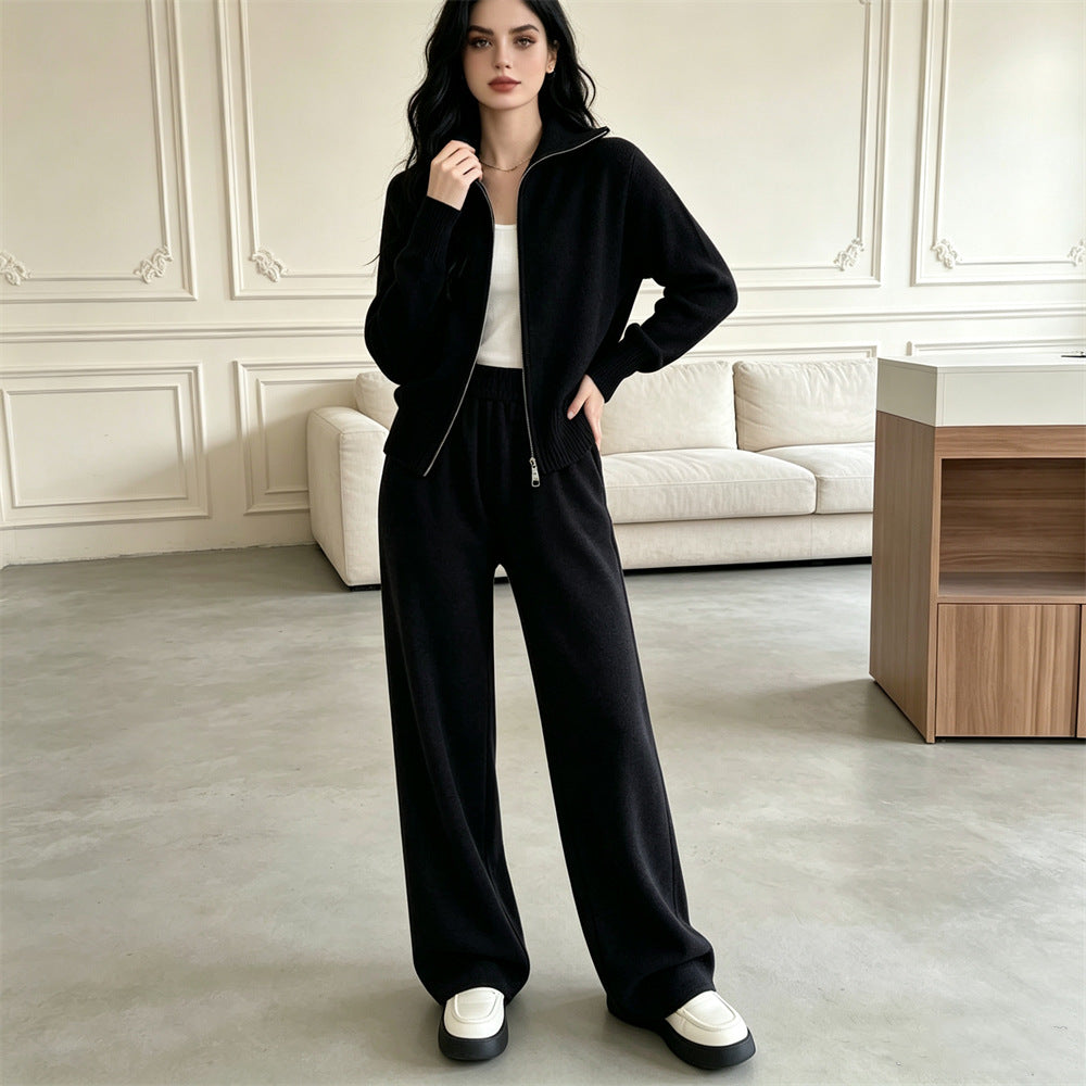 Double zipper knitted sweater cardigan wide leg pants two-piece set for women