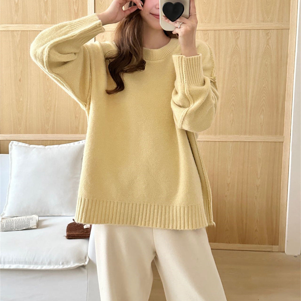 Round neck loose solid color long sleeved sweater