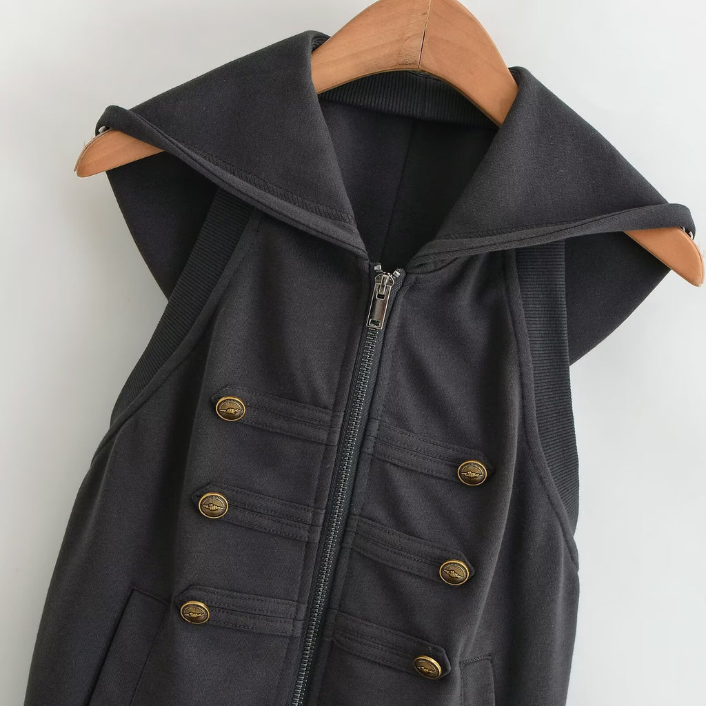 Women's Zippered Hooded Vest with Gold Buckle Decor