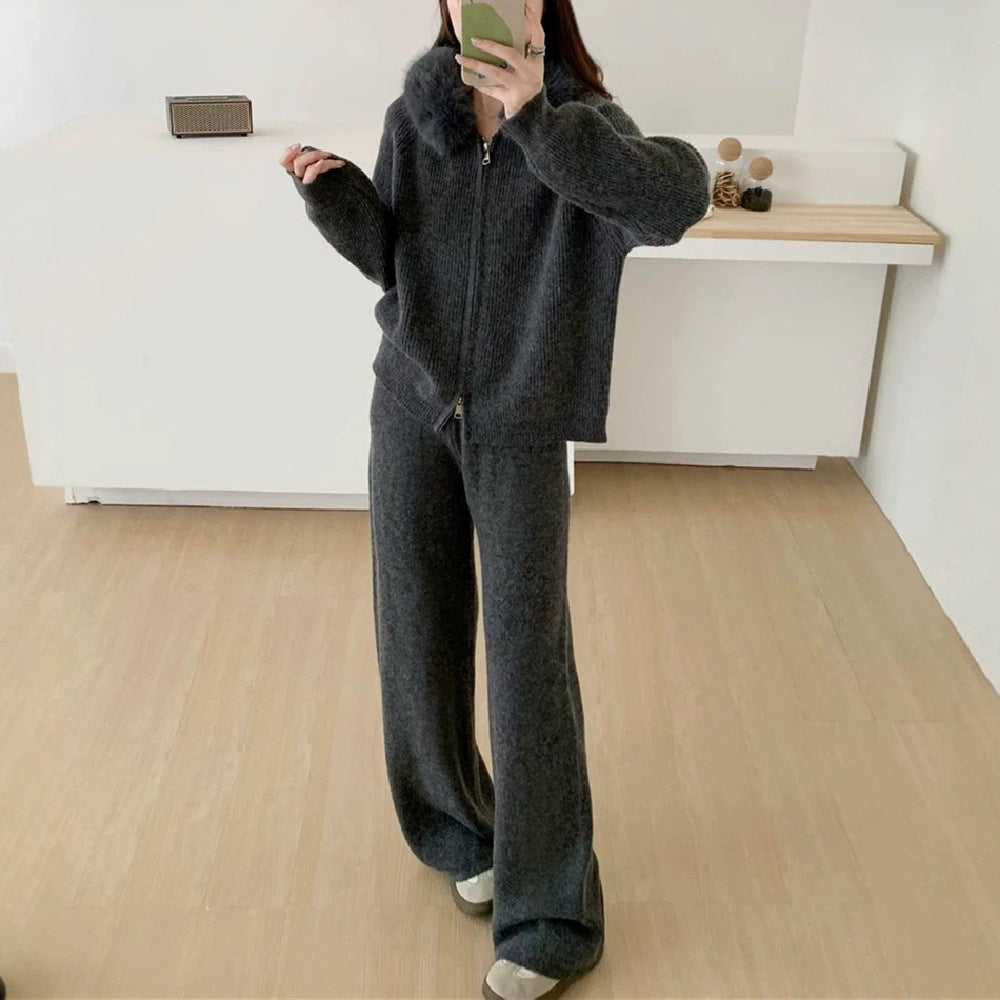Hooded jacket solid color straight leg pants set for women