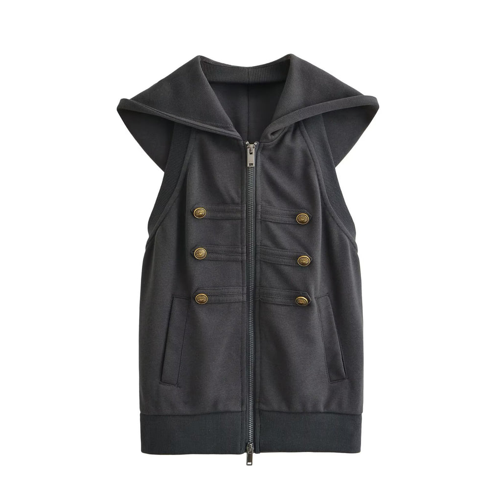 Women's Zippered Hooded Vest with Gold Buckle Decor