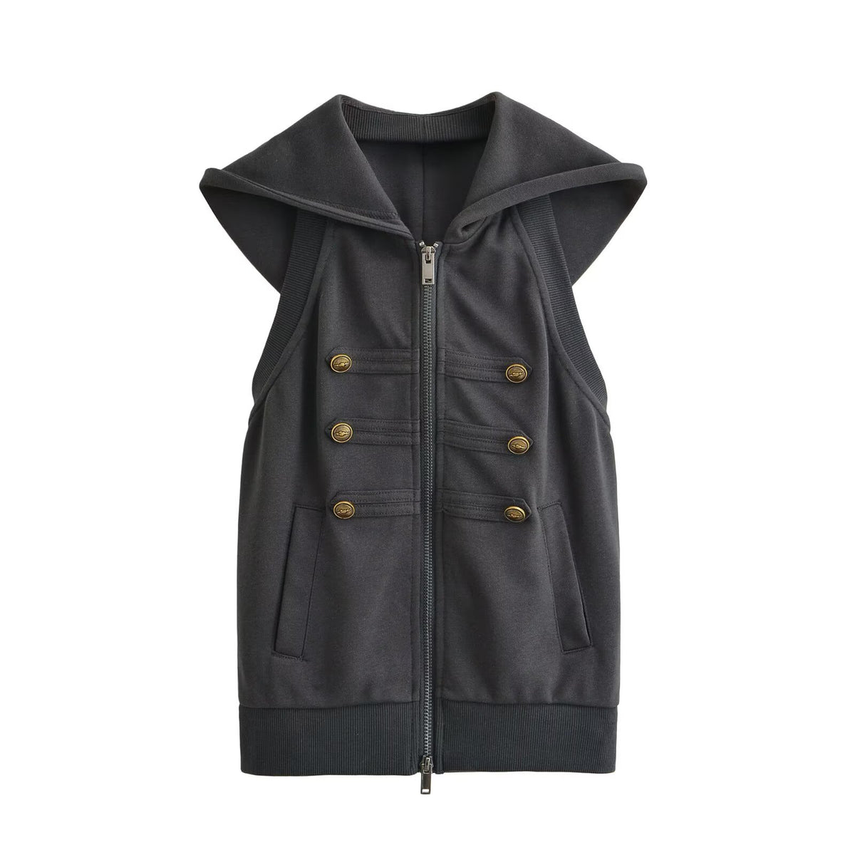 Women's Zippered Hooded Vest with Gold Buckle Decor