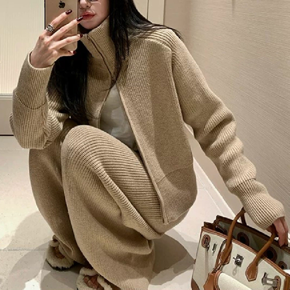 Solid color stand up collar sweater wide leg pants two-piece set for women