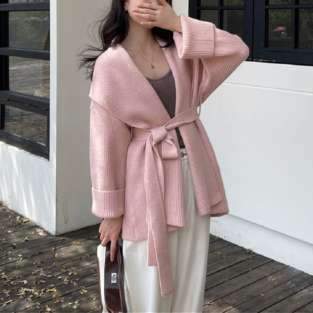 Loose lace up big collar cardigan sweater