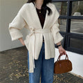 Loose lace up big collar cardigan sweater