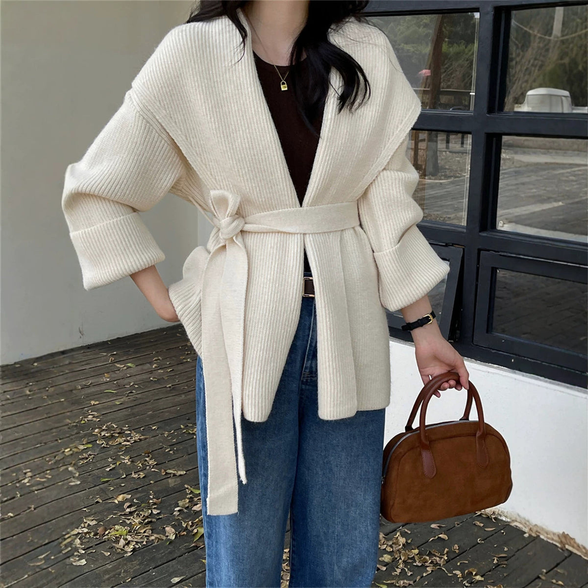 Loose lace up big collar cardigan sweater