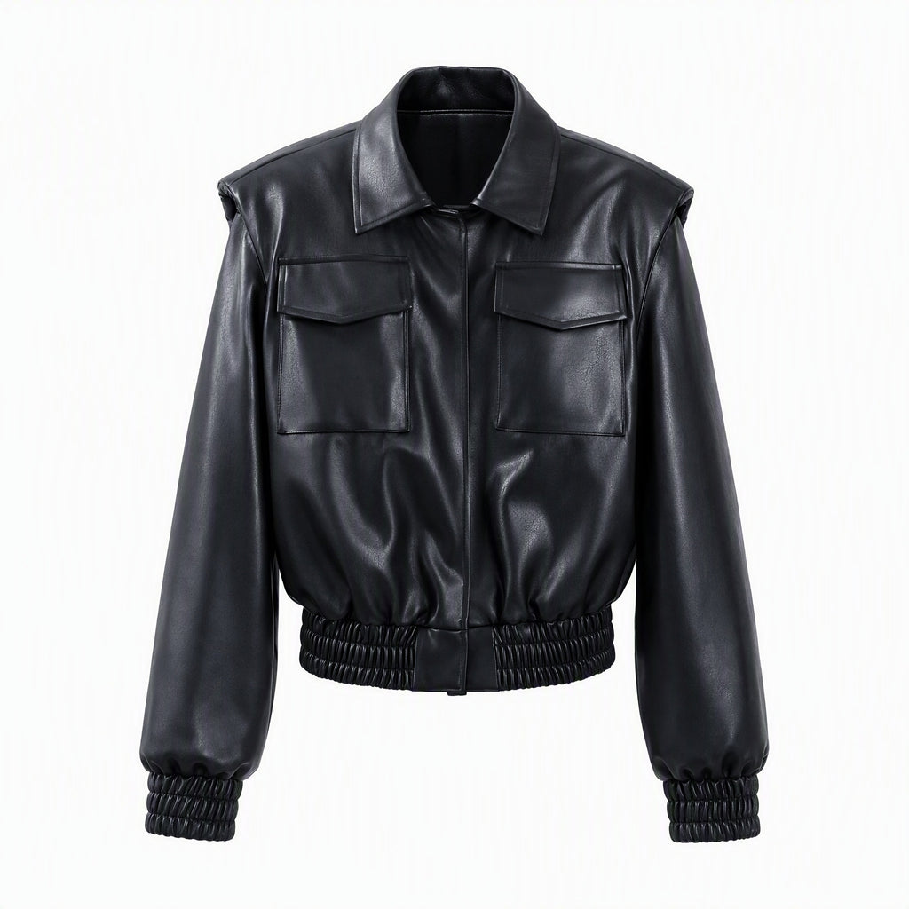 PU Leather Jacket for Women Loose Fit Cropped Boxy Design Turn-Down Collar Short Outerwear