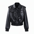 PU Leather Jacket for Women Loose Fit Cropped Boxy Design Turn-Down Collar Short Outerwear