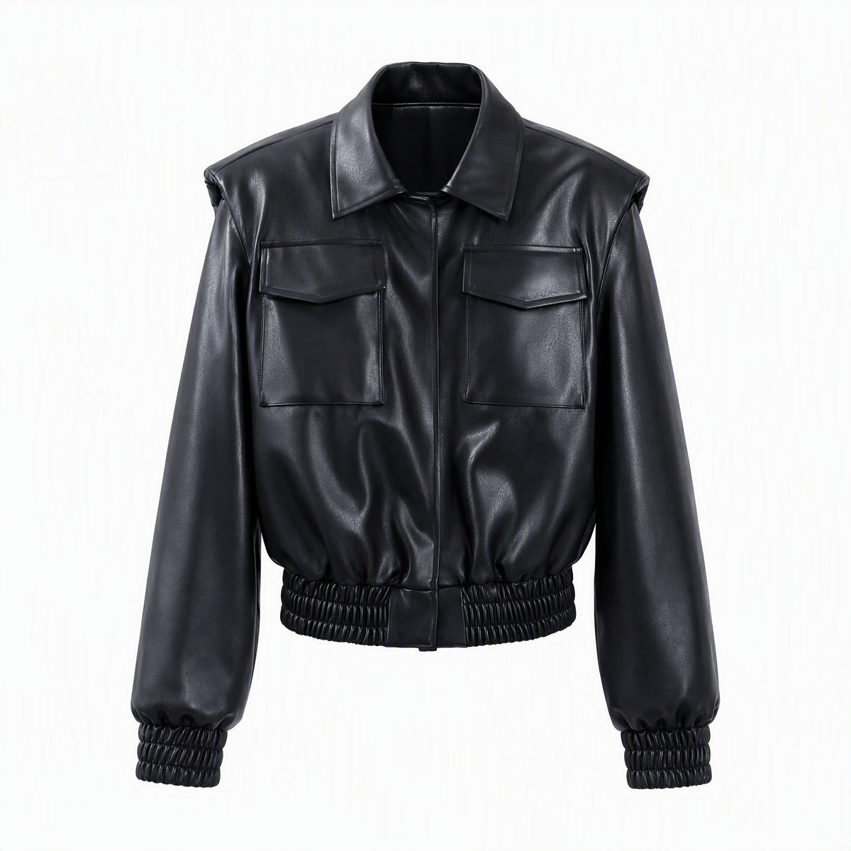 PU Leather Jacket for Women Loose Fit Cropped Boxy Design Turn-Down Collar Short Outerwear
